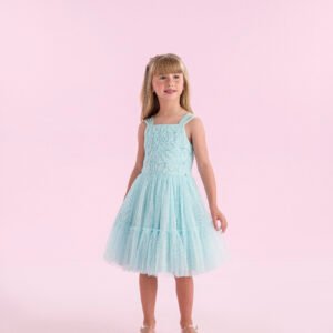 Vestido infantil Petit Cherie em tule com bordado azul