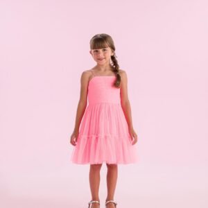 Vestido infantil Petit Cherie em tule com alças finas rosa