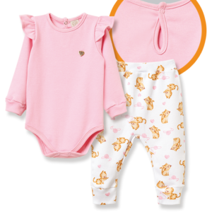 Conjunto Rosa com Babado e Calça Estampada Gatinha