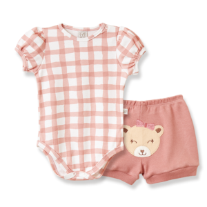 Conjunto Body Xadrez Rosa com Shorts