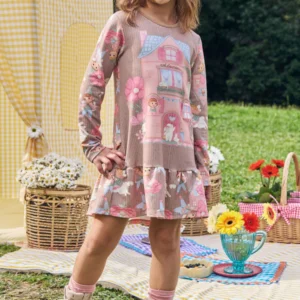 Vestido infantil Kukie estampado manga longa bege