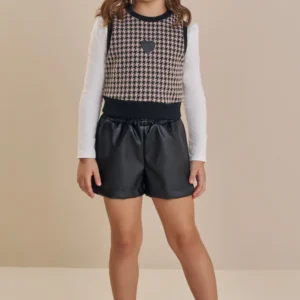 Conjunto Infantil 3 Peças com Colete Pied de Poule e Short em Couro Eco