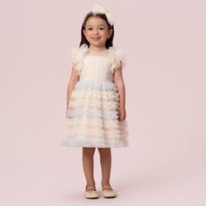 Vestido infantil Petit Cherie em tule com babados bege