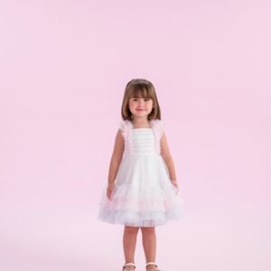 Vestido infantil Petit Cherie em tule com detalhes delicados branco com tons candy