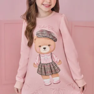 Vestido infantil Kukie estampado ursinha manga longa nude