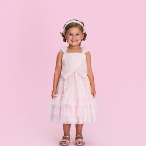 Vestido Infantil Rosa em Tule com Laço Ajustável 