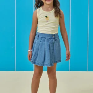 Conjunto de Regata em Cotton Fio Tinto e Short Saia em Jeans