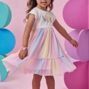 Vestido em Canelado e Tule com Elastano
